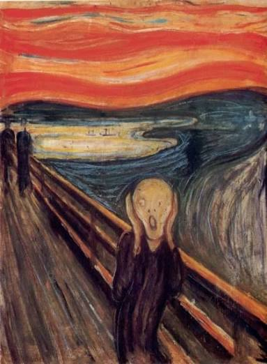 Edvard Munch's famous expressionist painting 'The Scream,' depicting a figure clutching their face on a bridge against a swirling orange and red sky.