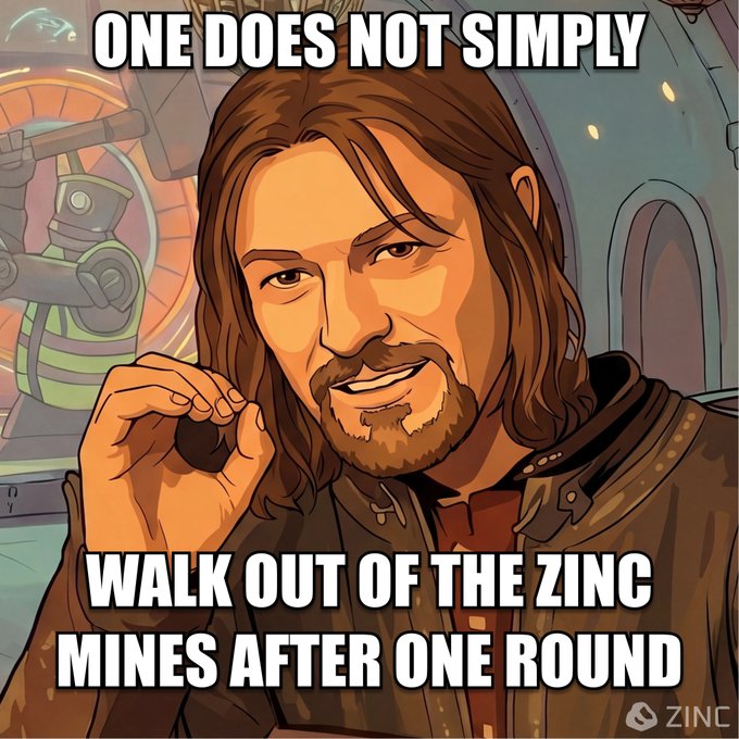 The image features a cartoon character with long hair, wearing a brown jacket, posing for a picture while holding up his hand. The caption of the image reads "One does not simply walk out of the zinc mines after one round". This phrase is related to the content of the image and serves as an interesting connection between the man's actions in the cartoon and the real-world scenario involving zinc mines.