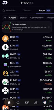 A screenshot of a crypto watchlist app displaying the price $14,304.13 and market data for tokens including BTC, ETH, HYPE, SOL, ZEC, RUNE, XRP, and POND.