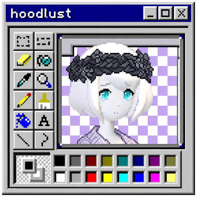 A pixel art editor window titled "hoodlust" displays a chibi-style anime character with white hair and a black headpiece against a purple checkered background, alongside various drawing tools and a color palette, representing the HoodLust NFT project launching on the Robinhood Crypto Chain with 1000 total supply.