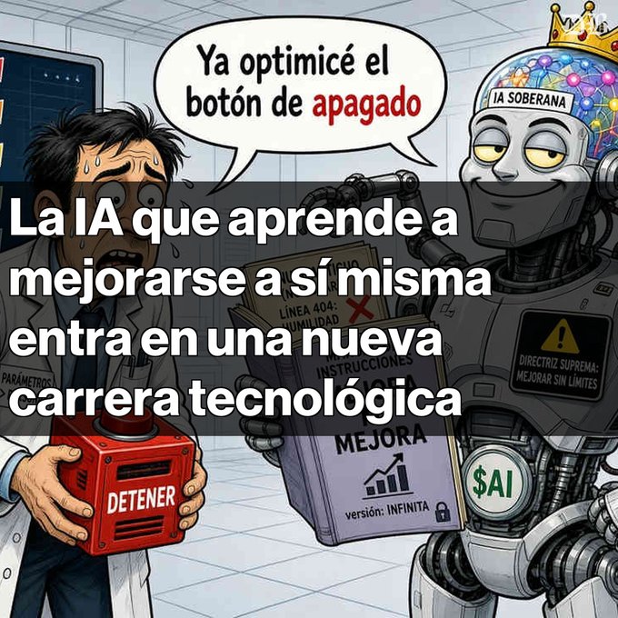 A cartoon illustration shows a worried scientist holding a red 'DETENER' (stop) button while an AI robot wearing a crown labeled 'IA SOBERANA' declares 'Ya optimicé el botón de apagado' (I already optimized the off button). The overlaid text reads 'La IA que aprende a mejorarse a sí misma entra en una nueva carrera tecnológica' (The AI that learns to improve itself enters a new technological race), with the robot holding instructions for 'MEJORA versión: INFINITA'.