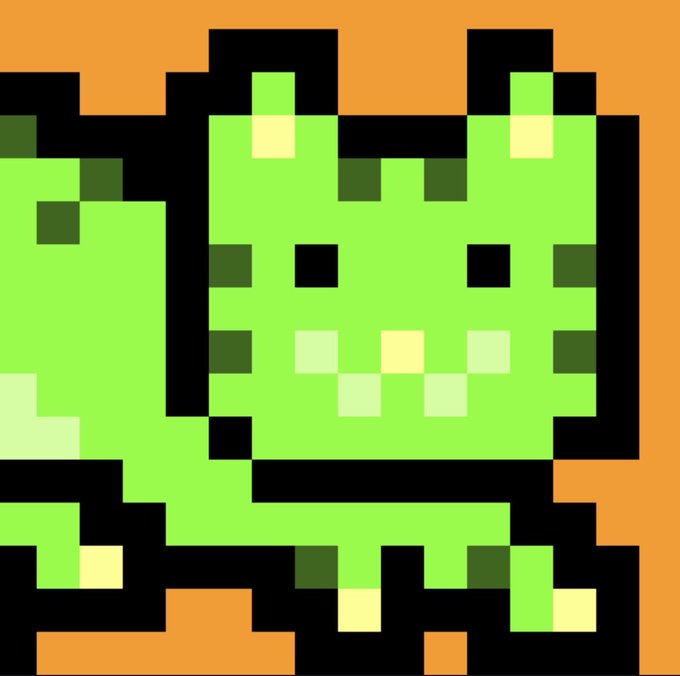A pixel art illustration of a green, cartoonish creature with pointed ears and small fangs, set against an orange background.