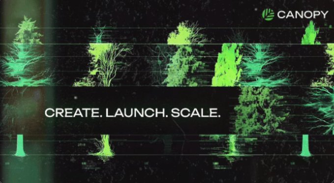 A promotional graphic for Canopy featuring glitchy, green digital tree silhouettes with the tagline "CREATE. LAUNCH. SCALE."