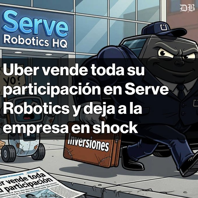 A cartoon illustration shows a suited character walking away with a briefcase labeled "Inversiones" from the "Serve Robotics HQ" building, with Spanish text reading "Uber vende toda su participación en Serve Robotics y deja a la empresa en shock" about Uber selling its stake in Serve Robotics.