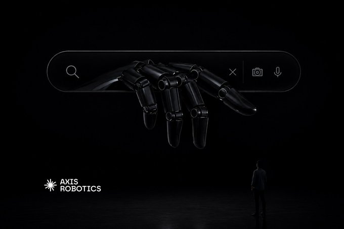 A dark, artistic illustration for Axis Robotics showing a robotic hand emerging from a search bar interface with a small figure standing below, labeled 'AXIS ROBOTICS.'