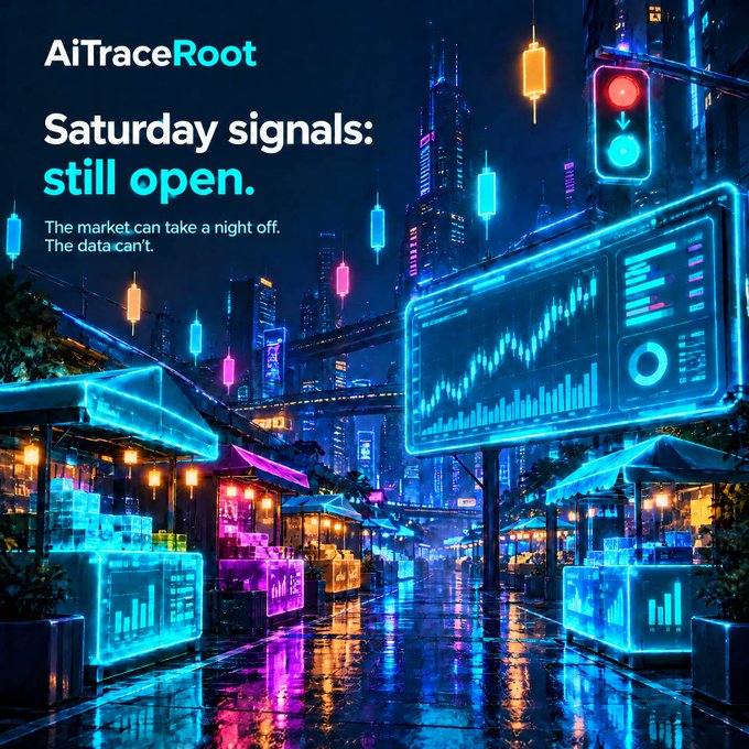 A neon-lit cyberpunk cityscape promotes "AiTraceRoot" with the headline "Saturday signals: still open," featuring glowing holographic trading charts and candlestick data displays. The futuristic financial imagery visually reinforces the post's message of continuous, AI-powered Web3 analytics and market intelligence running even while traditional markets rest.