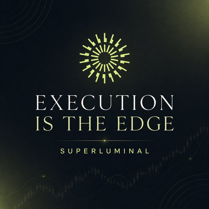 A promotional graphic with a dark green background featuring a sunburst logo and the text 'EXECUTION IS THE EDGE' above 'SUPERLUMINAL'.