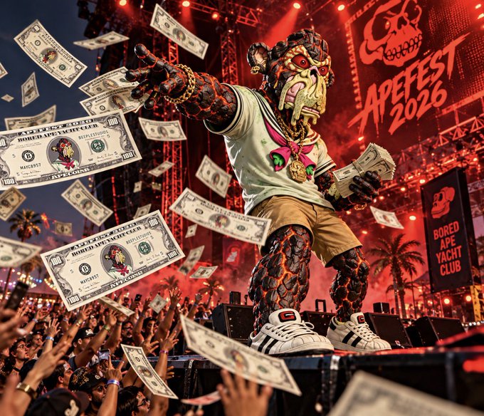 A promotional image for "APEFEST 2026" featuring a Bored Ape character wearing a sailor outfit, standing on stage with "BORED APE YACHT CLUB" branding while dollar bills rain down on a crowd.
