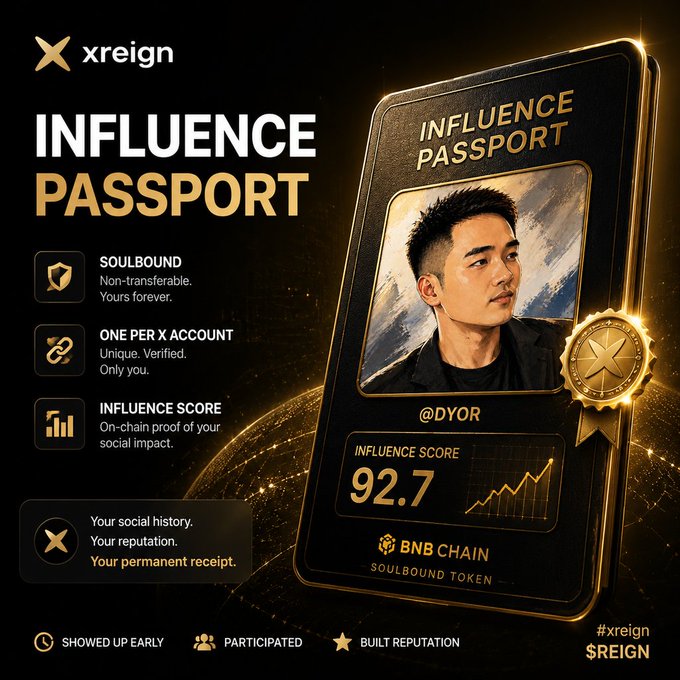 A sleek, gold-accented promotional graphic for xreign showcases an "Influence Passport" soulbound token on BNB Chain, featuring a portrait of @DYOR with an Influence Score of 92.7 alongside an upward-trending chart, reinforcing the caption's message that this NFT serves as a permanent, verifiable receipt of social reputation rather than a mere collectible badge.