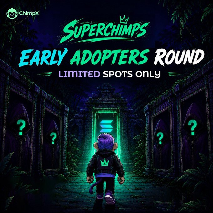A promotional graphic for "SUPERCHIMPS EARLY ADOPTERS ROUND" with "LIMITED SPOTS ONLY" featuring a chimp character walking toward a glowing portal flanked by hooded figures with question marks, branded with the ChimpX logo.