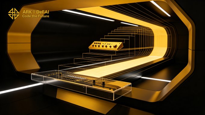 A futuristic yellow and black digital tunnel with glowing geometric layers and a control console in the center, featuring the "ARK | DeFAI Code the Future" logo in the top left corner. The image visually echoes the layered architecture described, symbolizing how the Arkie AI App guides ARK users through interconnected systems to transform ideas into real Web3 execution.