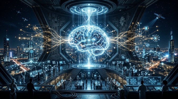A futuristic sci-fi digital art piece showing a glowing holographic brain with a computer chip inside, surrounded by flowing energy streams in a high-tech control room overlooking a neon-lit cyberpunk cityscape at night.