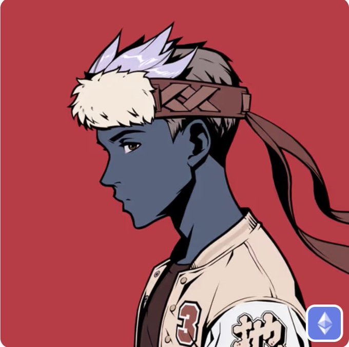An anime-style illustration of a dark-skinned character with white hair and a headband on a red background, with an Ethereum logo in the corner.