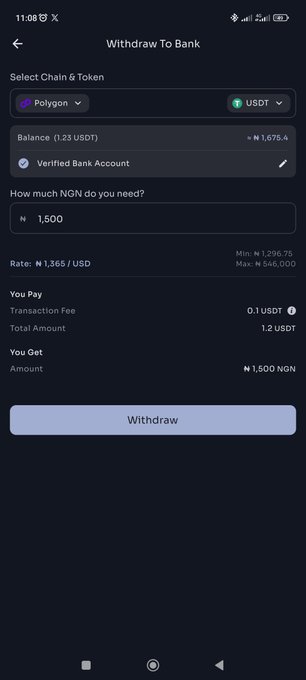 A mobile app screen showing a 'Withdraw To Bank' interface for converting 1.23 USDT (Polygon chain) to 1,500 NGN, with a transaction fee of 0.1 USDT and total amount of 1.2 USDT.