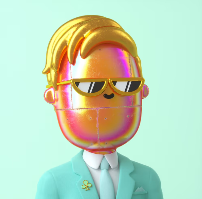 A 3D-rendered character with golden blonde hair, an iridescent metallic face, and cool sunglasses wearing a teal suit with a clover lapel pin against a mint green background.