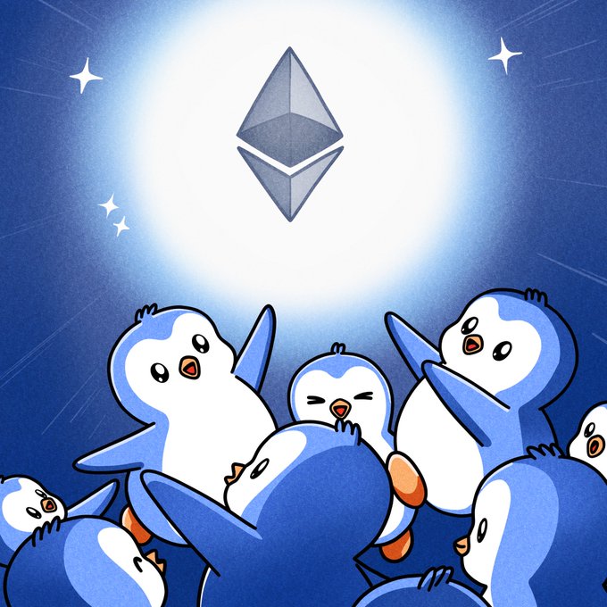A group of excited penguins are celebrating the Ethereum ($ETH) logo, which is illuminated in the sky above them. The image visually represents the "Happy Birthday, $ETH" post by showing a community of fans (penguins) joyfully acknowledging the cryptocurrency.