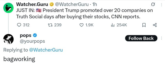 A tweet from @WatcherGuru reports that President Trump promoted over 20 companies on Truth Social days after buying their stocks, with 1.9K likes and 254K views. User @yourpops replies with "bagworking," echoing the "hes him" caption to highlight the alleged stock-pumping behavior.
