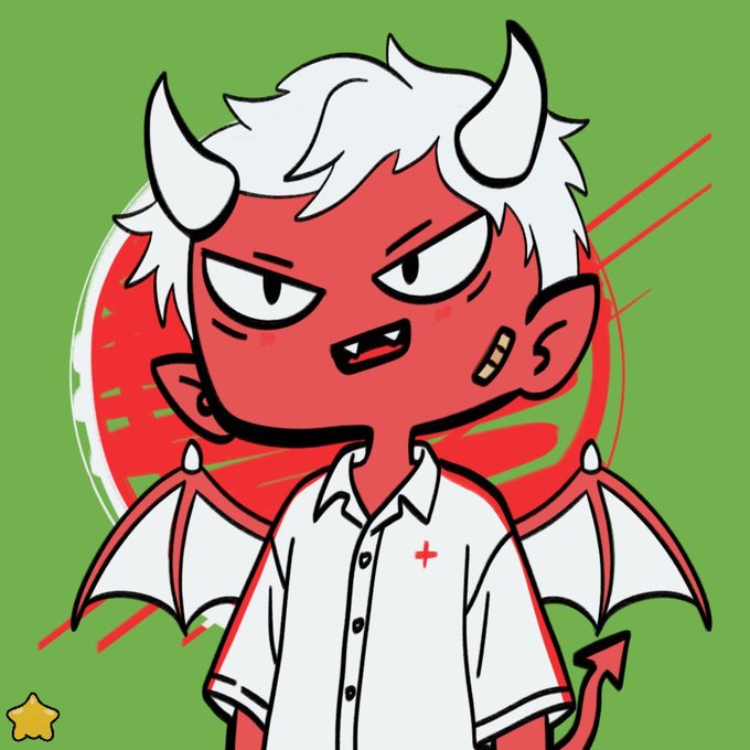 A cartoon illustration of a red-skinned demon character with white hair, horns, and small wings wearing a white shirt, set against a green background with red accents.