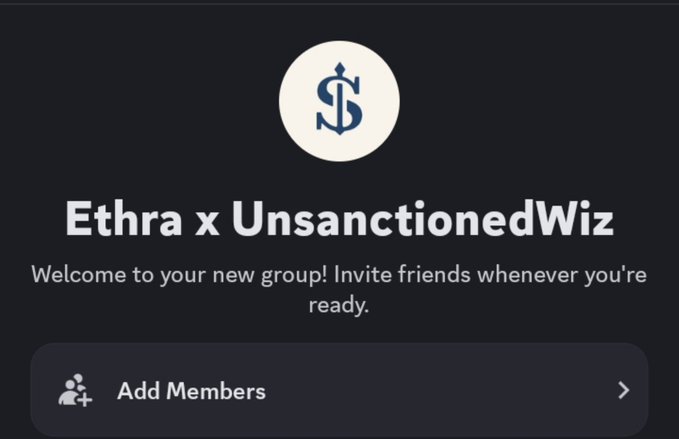 A digital interface screen displays a group named 'Ethra x UnsanctionedWiz' with a welcome message inviting friends, featuring an 'Add Members' button at the bottom and a dollar sign icon at the top.
