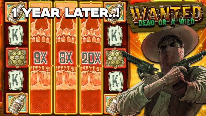 The image features a slot machine with a cowboy theme, including a skull and crossbones design, and a gun. The text "1 year later... Wanted Dead or Wild" is displayed above the slot machine, indicating that there are no more slots available for playing at this time.