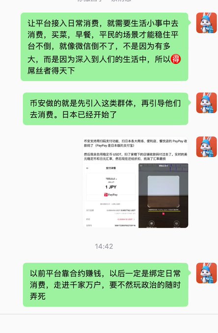 A screenshot of a Chinese chat conversation discussing payment platforms and daily consumer spending, referencing PayPay and USDT, dated 14:42.