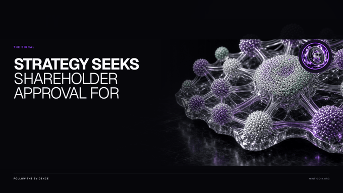 A dark-themed graphic titled 'STRATEGY SEEKS SHAREHOLDER APPROVAL FOR' from 'THE SIGNAL' (whitehouse.gov) features a 3D illustration of purple and silver interconnected molecular structures on the right.