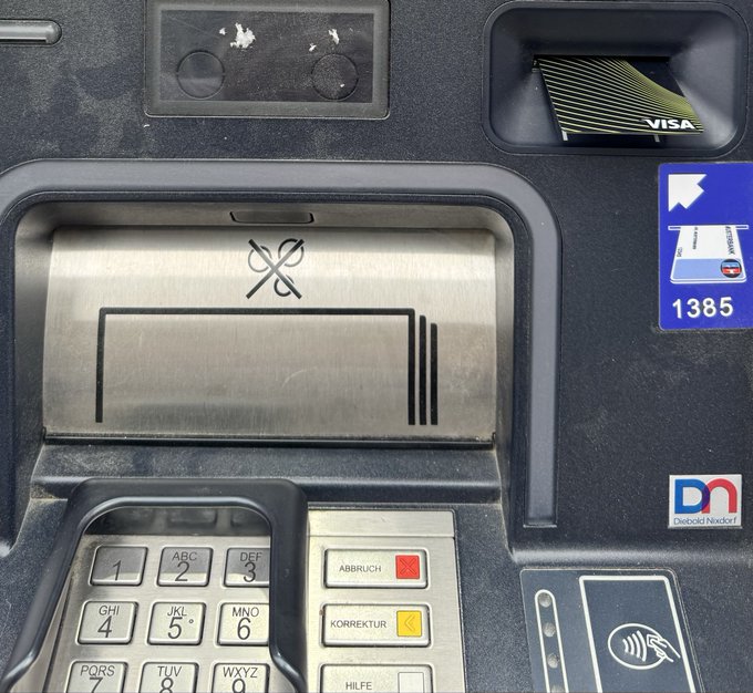The image shows an ATM machine with a keypad, where a credit card reader is inserted into the slot. The ATM has a Visa card slot, indicating that it supports various payment methods such as Visa and Mastercard. The image also contains text that reads "For gnosis pay users", suggesting that this particular ATM may be designed for users of Gnosis Pay Safe. However, there are no visible transactions taking place in the image, so the post is likely meant to inform users about the vulnerability of their old payment methods on this particular ATM and advise them not to use those cards anymore due to security concerns.