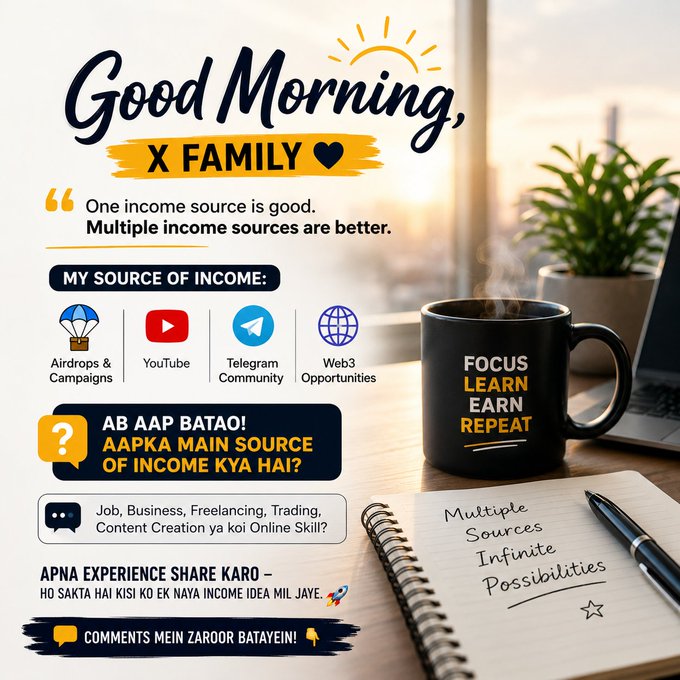 A 'Good Morning, X Family' social media graphic in mixed English and Urdu, promoting multiple income sources like Airdrops, YouTube, Telegram, and Web3, featuring a steaming black coffee mug labeled 'FOCUS LEARN EARN REPEAT.'