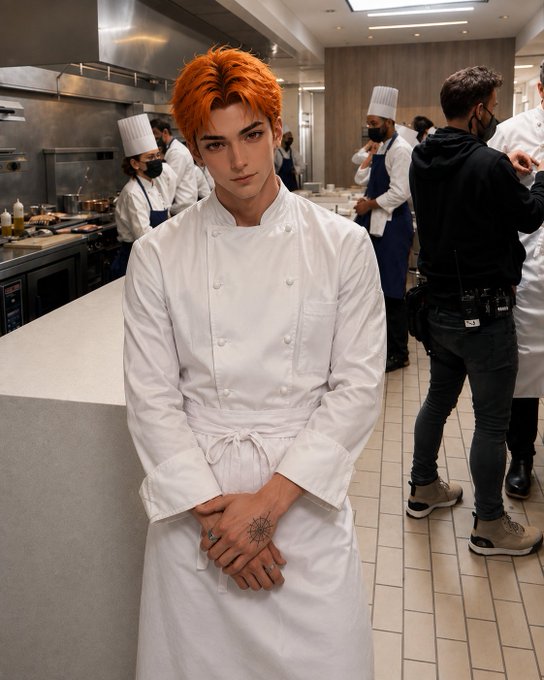 An orange-haired man in a white chef's coat with a sun tattoo on his hand stands in a professional kitchen with other chefs in the background.