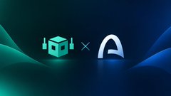 A digital graphic showing a collaboration logo featuring a teal isometric cube icon and a white stylized "A" logo against a dark blue background.