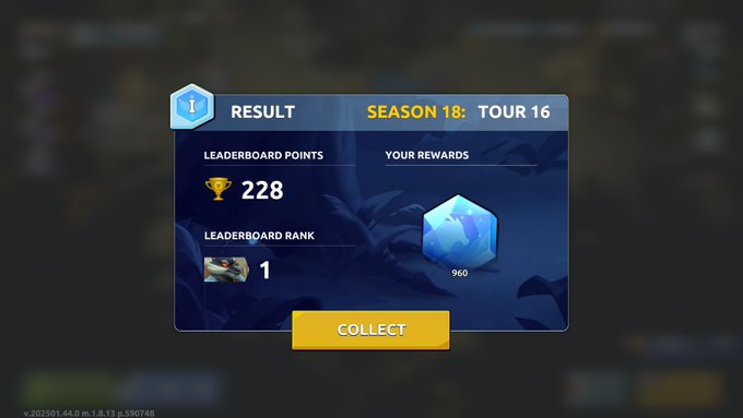 A mobile game result screen showing 'SEASON 18: TOUR 16' with 228 leaderboard points, rank 1, and 960 reward crystals, featuring a yellow 'COLLECT' button.
