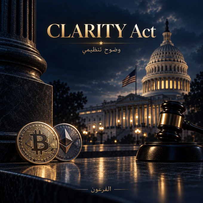 Digital artwork titled "CLARITY Act" featuring the U.S. Capitol building at night, Bitcoin and Ethereum coins, and a gavel, with Arabic text "وضح تنظيمي" (regulatory clarity) overlaid.