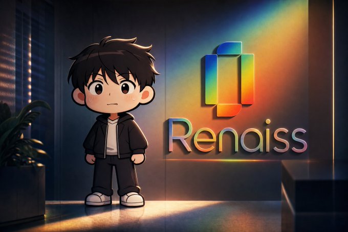 A chibi-style cartoon character in dark clothing stands next to an illuminated colorful sign that reads 'Renaiss'.