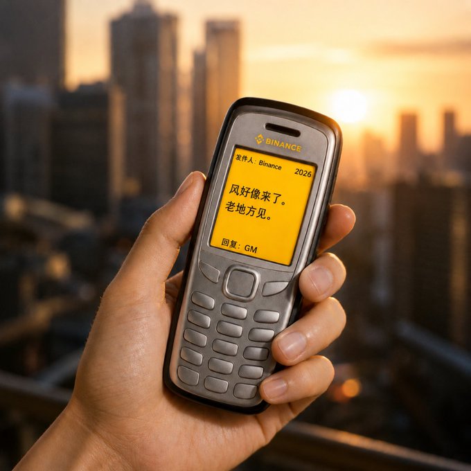 A hand holds a classic Nokia-style phone branded with "BINANCE," displaying a yellow message screen with Chinese text "风好像来了。老地方见。" (The wind seems to be here. See you at the usual place.) and a reply prompt "回复: GM" against a sunset city skyline backdrop, playfully visualizing the "GM" (Good Morning) crypto community greeting as a retro text message exchange.