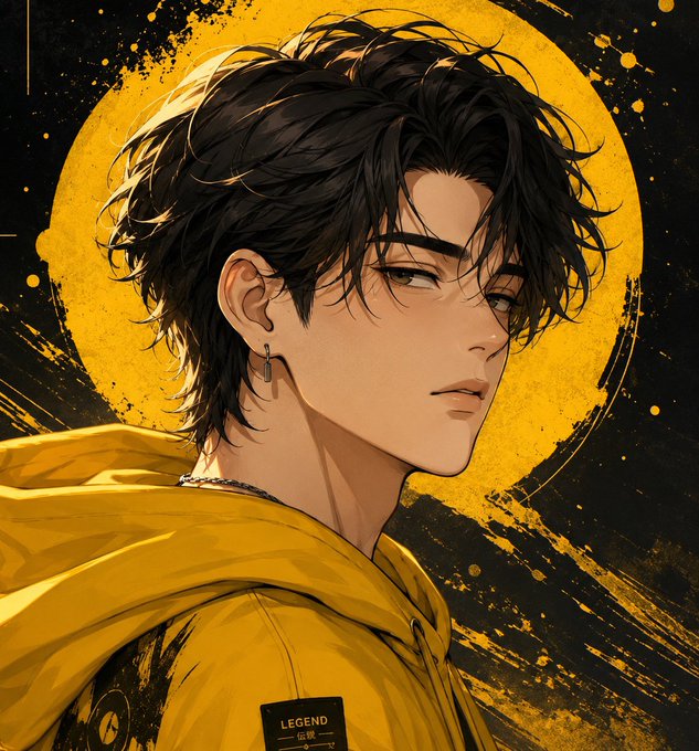 An anime-style portrait of a young man with messy dark hair wearing a yellow hoodie, set against a yellow circle background with black paint splatter effects, featuring a 'LEGEND' label on the hoodie.