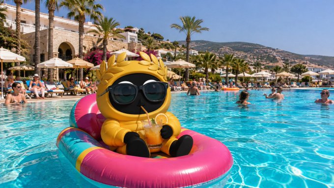 A yellow mascot wearing sunglasses relaxes on a pink inflatable float in a swimming pool, holding a drink.