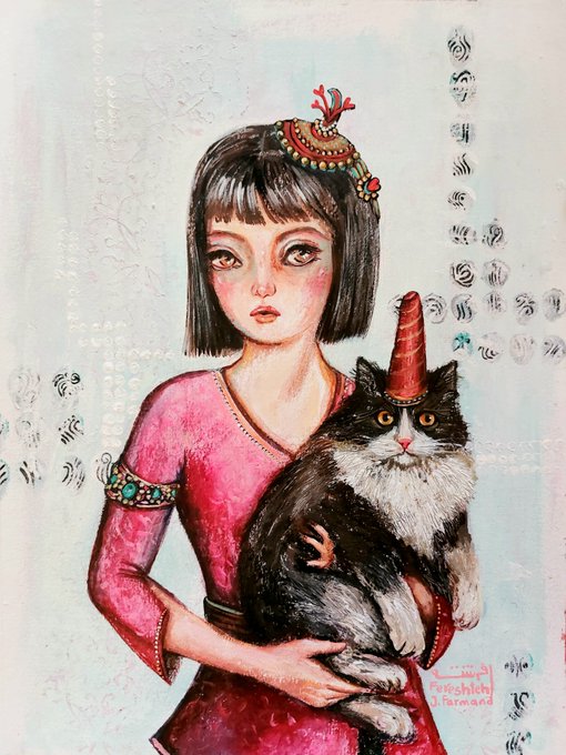 A detailed painting of a pale-skinned girl with large eyes and a bob haircut, wearing a pink dress and a decorative headpiece, holding a fluffy black and white cat wearing a small orange traffic cone as a hat.