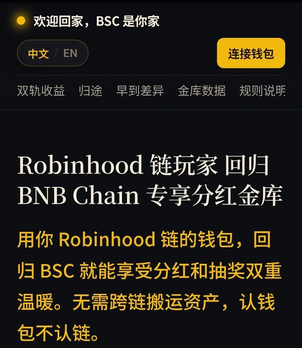 A Chinese-language cryptocurrency website with a dark theme titled '欢迎回家，BSC 是你家' features a navigation menu and headline 'Robinhood 链玩家回归 BNB Chain 专享分红金库' encouraging Robinhood chain users to return to BSC for dividend rewards.