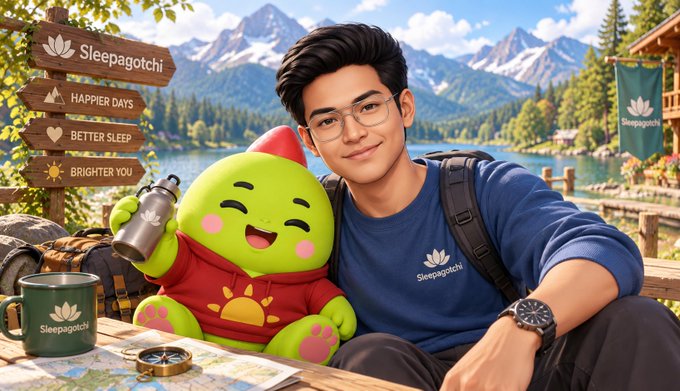 A man wearing glasses and a blue 'Sleepagotchi' shirt sits next to a green mascot character, with signage reading 'Sleepagotchi - Happier Days, Better Sleep, Brighter You' beside a scenic mountain lake.