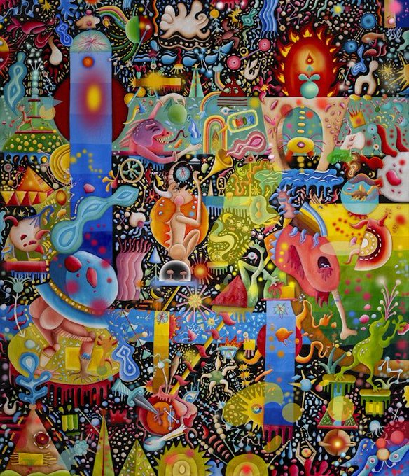 A vibrant, psychedelic digital artwork densely packed with surreal, colorful imagery including mushrooms, creatures, abstract shapes, and intricate patterns.