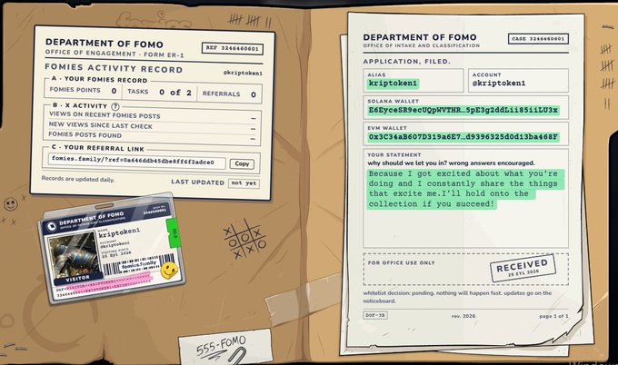 A digital illustration of a folder from the 'DEPARTMENT OF FOMO' containing a FOMIES Activity Record showing 0 tasks for user @kriptokeni and a 'RECEIVED' application with a humorous statement about FOMO encouragement.