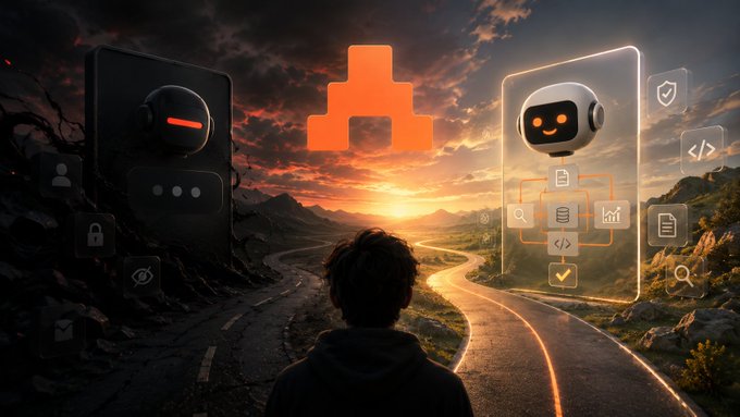Digital art showing a person looking at two large holographic screens displaying a robot character and various icons, set against a sunset landscape with a prominent orange 'A' logo.