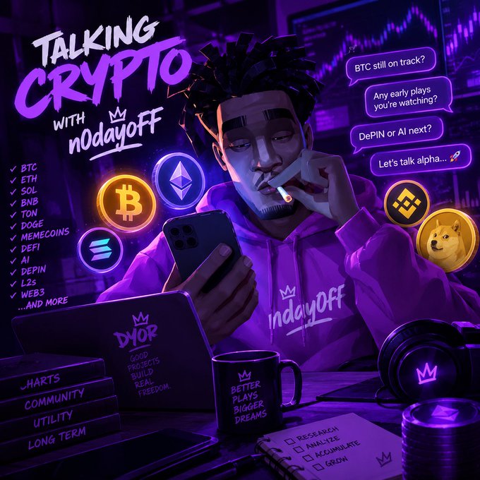 A stylized digital illustration titled "Talking Crypto with NoDayOff" features a man in a purple "NoDayOff" hoodie smoking while looking at his phone, surrounded by crypto coin icons (BTC, ETH, SOL, BNB) and text bubbles discussing topics like "BTC still on track?," "DePIN or AI next?," and "Let's talk alpha." On the left, a checklist highlights coverage areas including BTC, ETH, SOL, BNB, TON, DOGE, memecoins, DeFi, AI, DePIN, L2s, and Web3, tying visually to the post's discussion of Bitcoin's price near $84,600–$84,800 and the broader crypto market dynamics.
