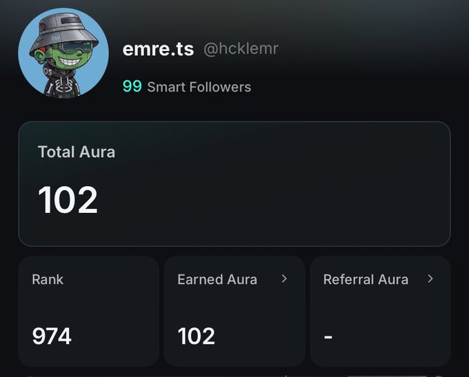 A screenshot of a profile showing the username 'emre.ts @hcklemr', '99 Smart Followers', and 'Total Aura 102'.