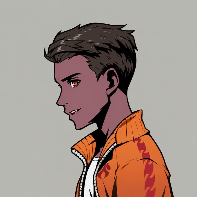 An anime-style side profile portrait of a young man with dark hair, a purple-toned complexion, and an orange flame-patterned jacket against a gray background.