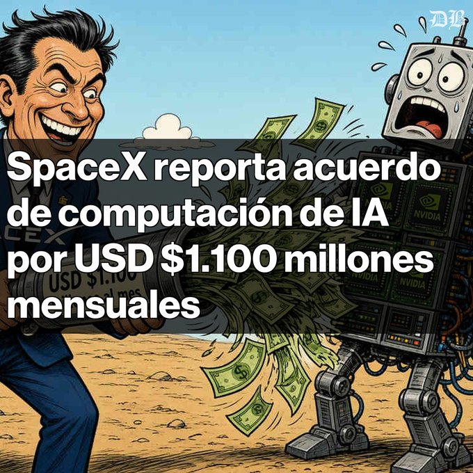 A cartoon caricature shows Elon Musk with a wide grin operating a money-shooting gun that blasts cash into a distressed robot made of NVIDIA hardware, with Spanish text reading 'SpaceX reporta acuerdo de computación de IA por USD $1.100 millones mensuales'.