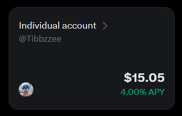 A digital account interface showing 'Individual account' for @Tibbzeee with a balance of $15.05 and 4.00% APY.