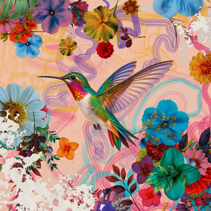 A colorful collage-style artwork featuring a detailed hummingbird surrounded by various vibrant flowers like blue, orange, and pink blooms, set against a swirling pastel background with paint splatter effects.