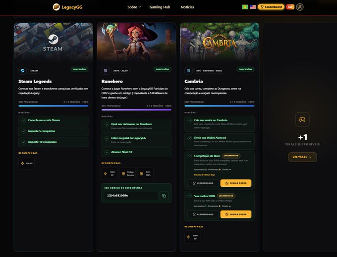 A screenshot of the LegacyGG website showing three gaming quest cards for Steam, RuneHero, and Cambria, with reward options and progress bars, plus a '+1 TRIALS DISPONÍVEIS' indicator on the right.