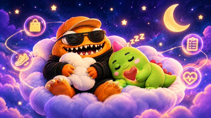 A colorful digital illustration shows a cartoon monster wearing sunglasses and a cap hugging a cloud, alongside a small green dinosaur sleeping on a cloud against a starry night sky with a crescent moon and floating icons.